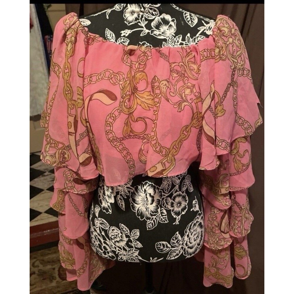 Truth Size 1x Crop Top Peasant Blouse Pink/Gold Polyester Lined